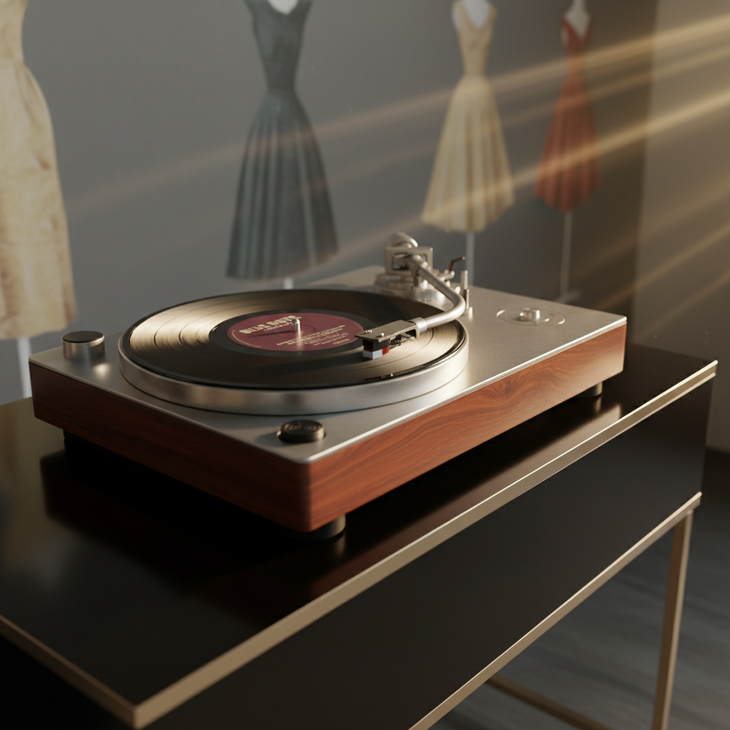 A close-up photographic composition of a vintage turntable crafted from brushed aluminum and dark rosewood, its heavy tonearm delicately poised above a spinning jazz record with a deep burgundy label. The turntable rests on a sleek black lacquer console against a muted charcoal wall adorned with blurred silhouettes of mid-century couture dresses on mannequins. Soft golden hour light enters from the right, casting elegant reflections on the metal and subtle shadows along the wood grain. Captured from a slightly elevated angle with shallow depth of field, the image feels refined, cinematic, and steeped in 1950s musical glamour.
