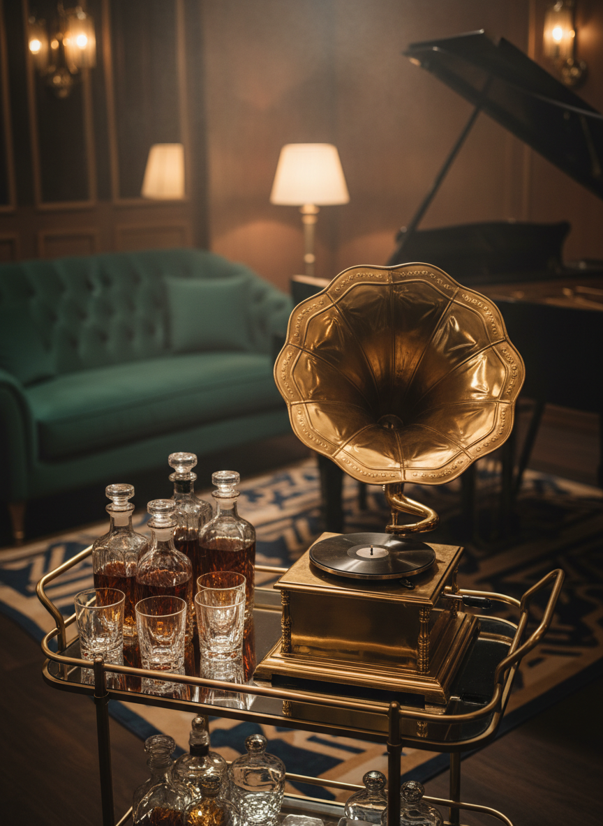 An opulent 1920s-inspired music lounge vignette without people: a gleaming brass gramophone with a flared horn sits atop a mirrored bar cart, surrounded by crystal decanters and cut‑glass tumblers. In the background, a plush emerald velvet sofa and a lacquered black piano are softly blurred, with a patterned Art Deco rug beneath. Low, warm pendant lighting and the soft glow of a nearby table lamp create pools of light, casting intricate reflections across the brass and glass. Shot at eye level with balanced composition and photographic realism, the atmosphere is sophisticated, smoky, and evocative of jazz‑age nights.