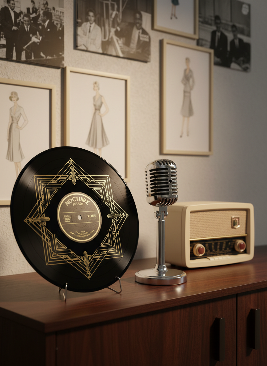 A meticulously curated collection of vintage musical objects arranged on a dark walnut sideboard: a glossy black vinyl record with a gold Art Deco label, a chrome microphone from the 1940s, and a compact, cream‑colored tube radio with bakelite knobs. Behind them, a softly out‑of‑focus wall displays framed monochrome album covers and fashion sketches from the mid‑20th century. Warm, directional studio lighting from the left creates gentle highlights on metal surfaces and velvety shadows behind each object. Photographic realism, shot at eye level with a shallow depth of field, evokes a sophisticated, nostalgic atmosphere that celebrates 20th‑century music and style.