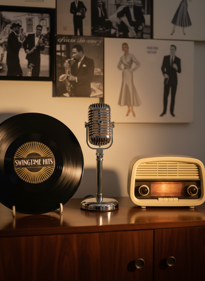 A meticulously curated collection of vintage musical objects arranged on a dark walnut sideboard: a glossy black vinyl record with a gold Art Deco label, a chrome microphone from the 1940s, and a compact, cream‑colored tube radio with bakelite knobs. Behind them, a softly out‑of‑focus wall displays framed monochrome album covers and fashion sketches from the mid‑20th century. Warm, directional studio lighting from the left creates gentle highlights on metal surfaces and velvety shadows behind each object. Photographic realism, shot at eye level with a shallow depth of field, evokes a sophisticated, nostalgic atmosphere that celebrates 20th‑century music and style.