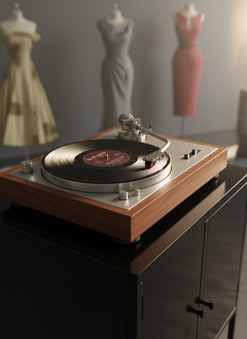 A close-up photographic composition of a vintage turntable crafted from brushed aluminum and dark rosewood, its heavy tonearm delicately poised above a spinning jazz record with a deep burgundy label. The turntable rests on a sleek black lacquer console against a muted charcoal wall adorned with blurred silhouettes of mid-century couture dresses on mannequins. Soft golden hour light enters from the right, casting elegant reflections on the metal and subtle shadows along the wood grain. Captured from a slightly elevated angle with shallow depth of field, the image feels refined, cinematic, and steeped in 1950s musical glamour.