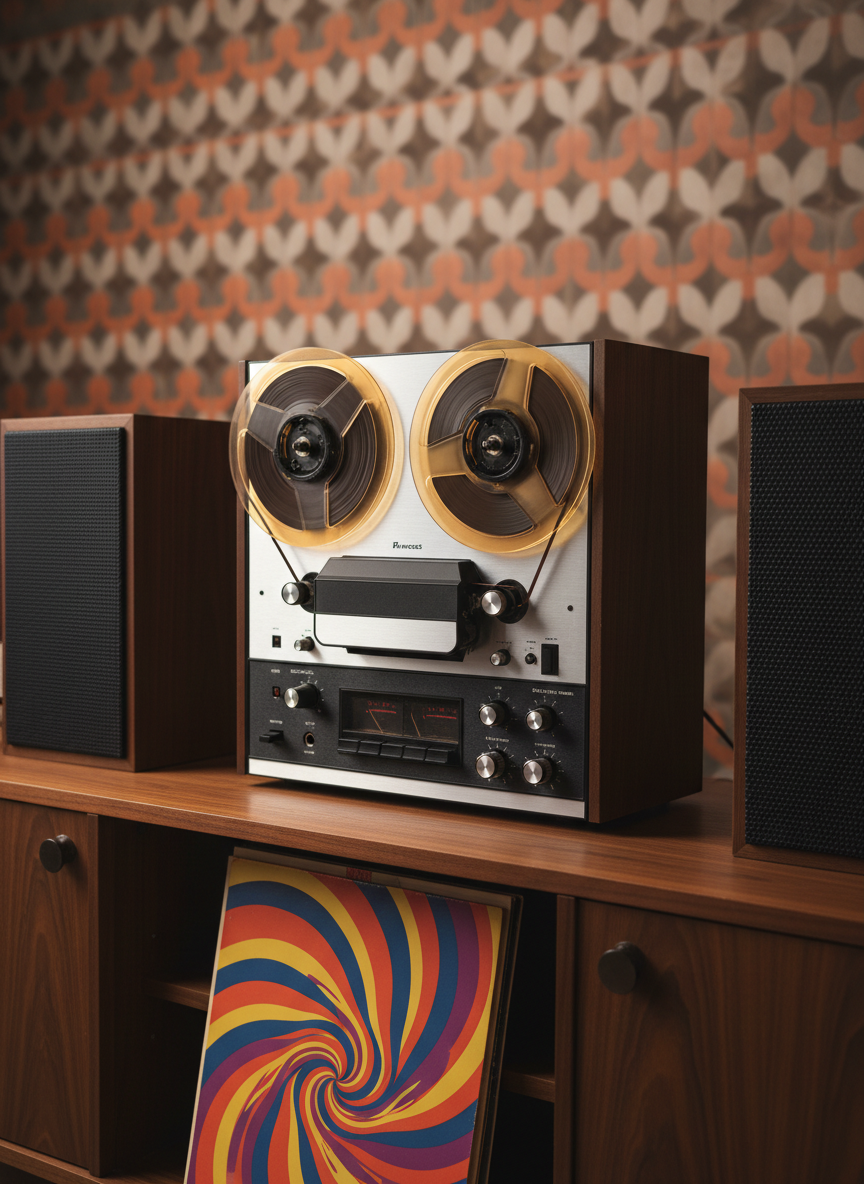 A meticulously restored 1970s reel-to-reel tape recorder in brushed silver and matte black, its translucent reels threaded with warm brown tape, sits on a teak media console. Beside it, a pair of walnut bookshelf speakers frame a stack of vividly colored psychedelic album sleeves. The background shows a blurred geometric wallpaper in muted oranges and browns, subtly referencing period fashion patterns. Soft, diffused studio lighting evenly illuminates the scene, with delicate highlights on metal dials and textured speaker fabric. Captured from a low, three-quarter angle with moderate depth of field, the image exudes a sophisticated yet playful retro mood rooted in vintage music culture.