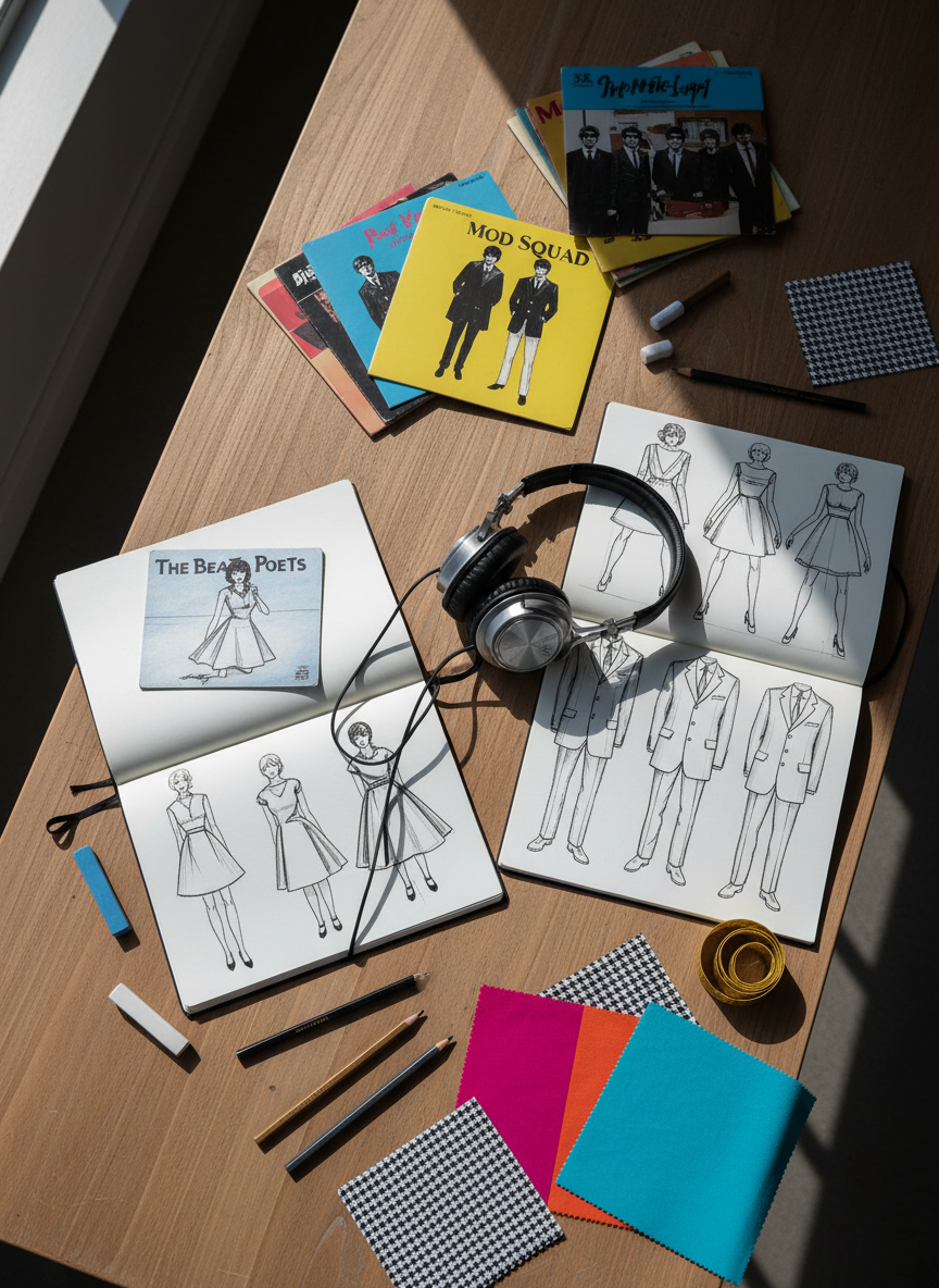 An overhead photographic shot of a designer’s worktable dedicated to 1960s mod music fashion: open sketchbooks display detailed ink drawings of bold mini-dresses and sharp suits inspired by album covers, surrounded by scattered vinyl singles in bright primary-colored sleeves. Vintage over-ear headphones with brushed steel accents coil across the table, intersecting with tailor’s chalk, measuring tape, and fabric swatches in houndstooth and color-blocked patterns. Cool, diffused daylight from a nearby window evenly illuminates the scene, creating soft shadows from pencils and records. The composition uses asymmetrical balance and sharp focus throughout, conveying a sophisticated, creative workspace where fashion and music of the 20th century seamlessly converge.